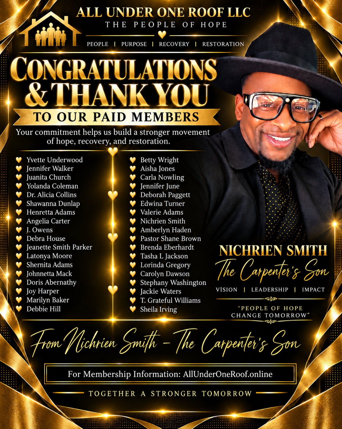 Congratulations and thank you flyer honoring the first paid members of The People of Hope